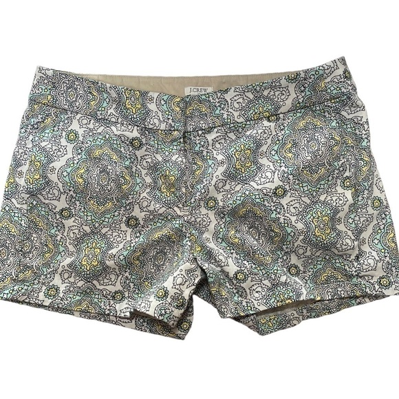 J CREW COTTON SHORTS WHITE AQUA YELLOW BLACK OUTLINE ABSTRACT - Picture 1 of 5